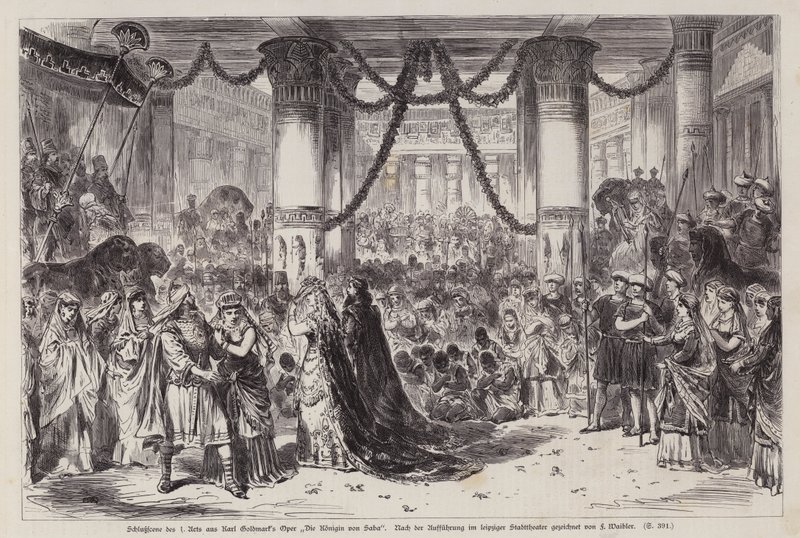 Avslutningsscene av akt I av Karl Goldmarks opera Die Konigin von Saba (Dronningen av Saba), fremført på Leipziger Stadttheater, Tyskland (gravering) av English School