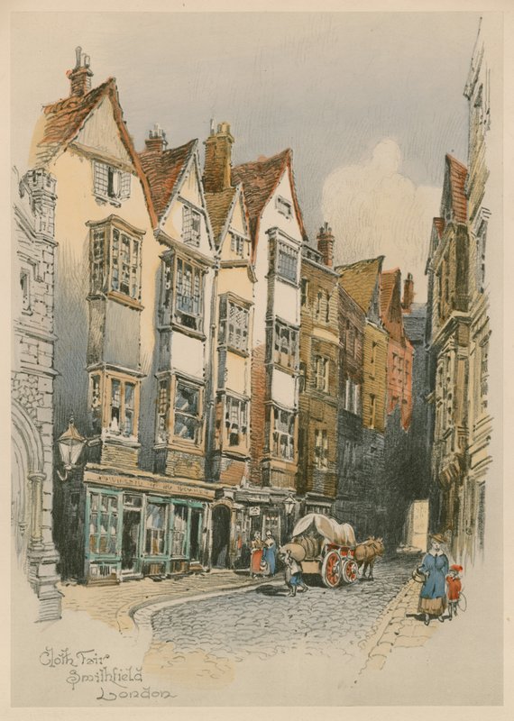 Cloth Fair, Smithfield, London, akvarellskisse (wc på papir) av English School