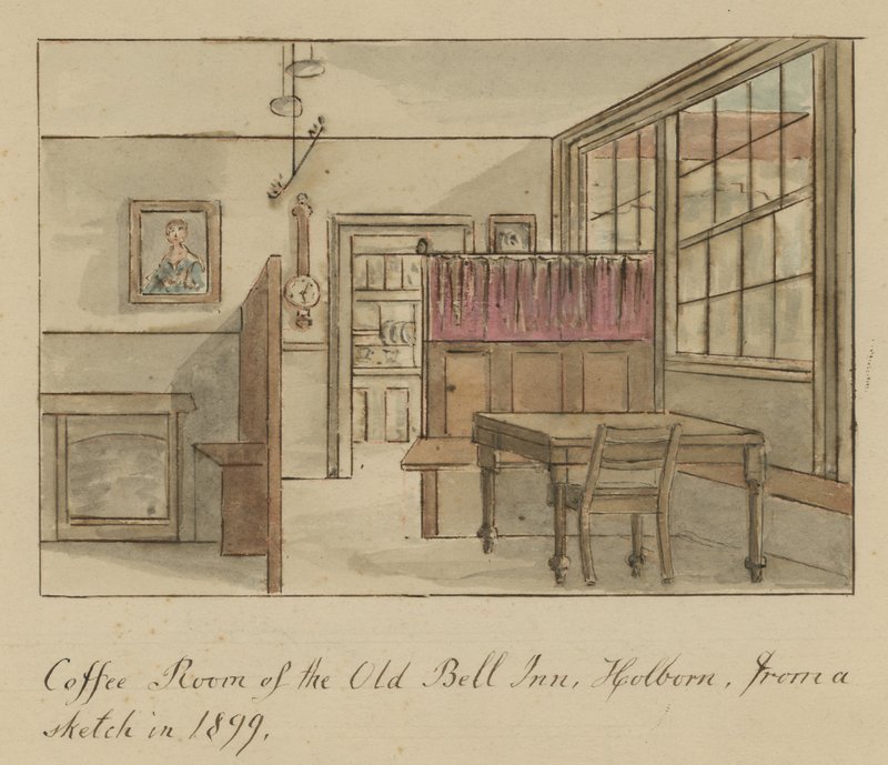 Kafferom til Old Bell Inn, Holborn, London, fra en skisse i 1899 (wc på papir) av English School
