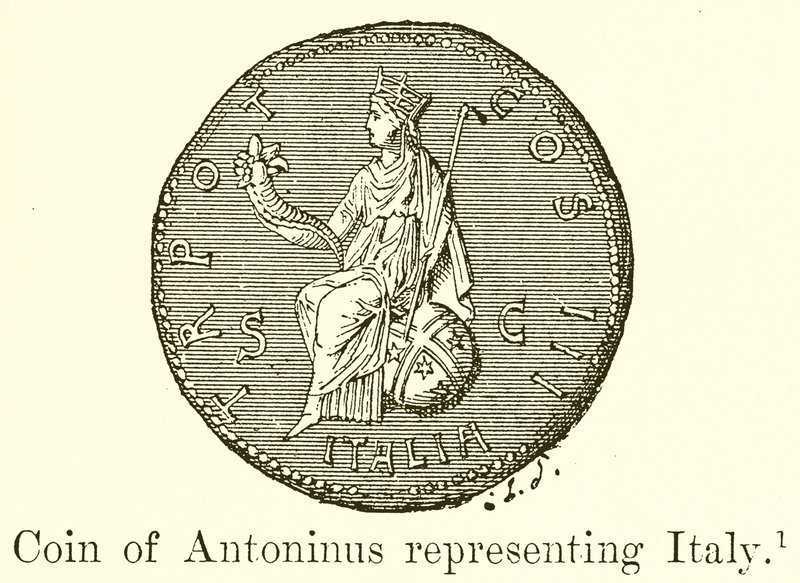 Mynt av Antoninus som representerer Italia av English School