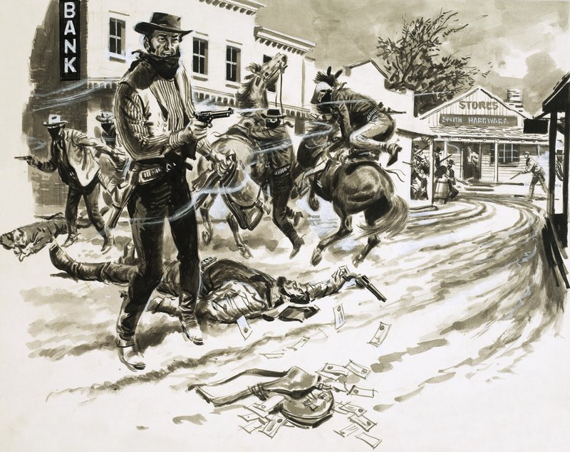 Cole Younger, et medlem av Jesse James Gang, i en skuddveksling av English School