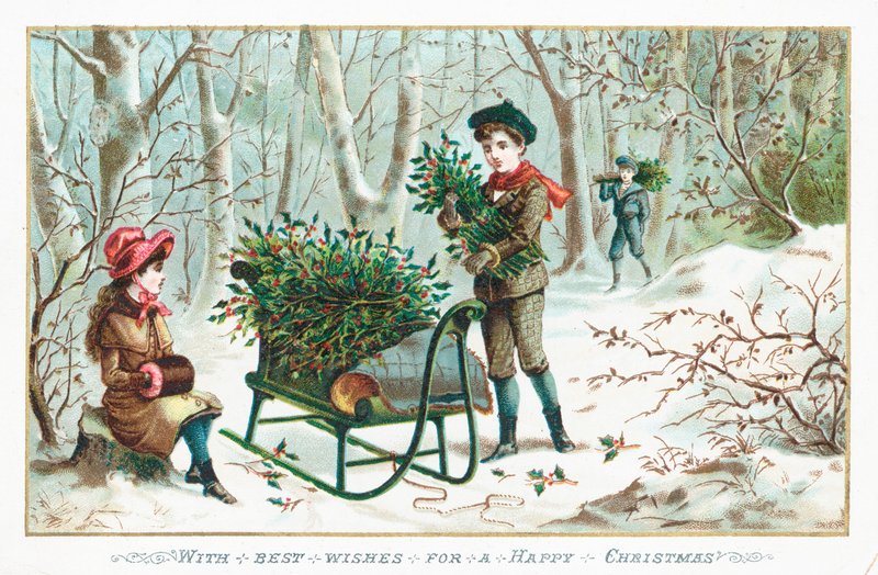 Samler kristtorn i skogen, julekort av English School