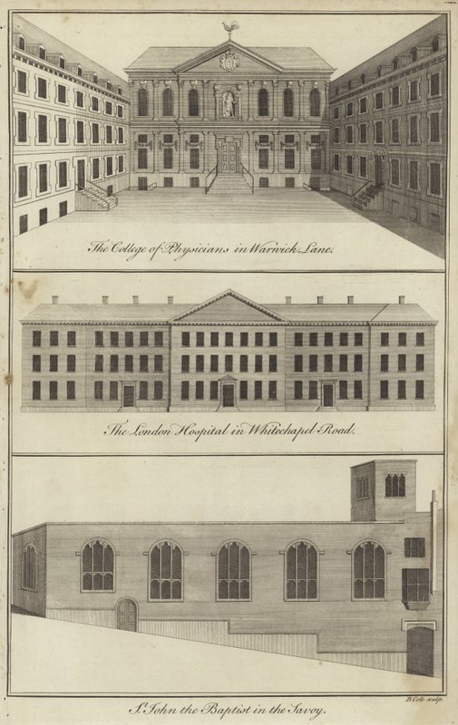 College of Physicians i Warwick Lane, London Hospital i Whitechapel Road og Church of St John the Baptist i Savoy, London av English School