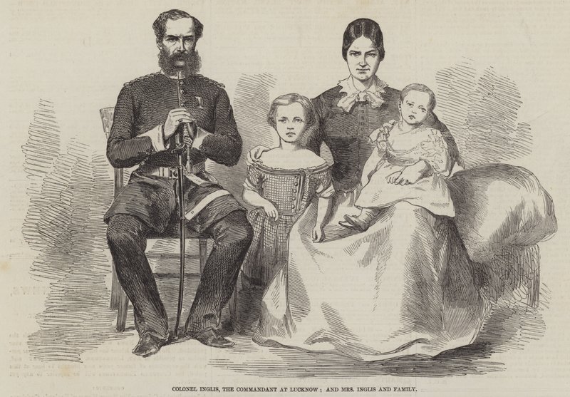 Oberst Inglis, kommandanten i Lucknow, og fru Inglis og familie (gravering) av English School