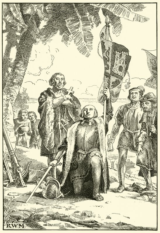 Columbus lander i det nye ordet (blekk på papir) av English School