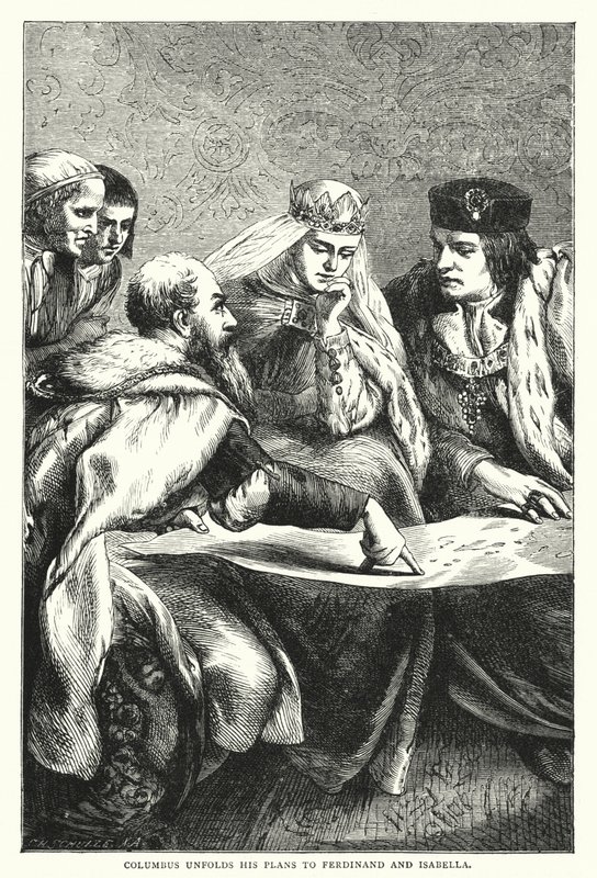 Columbus utfolder planene sine til Ferdinand og Isabella (farget gravering) av English School