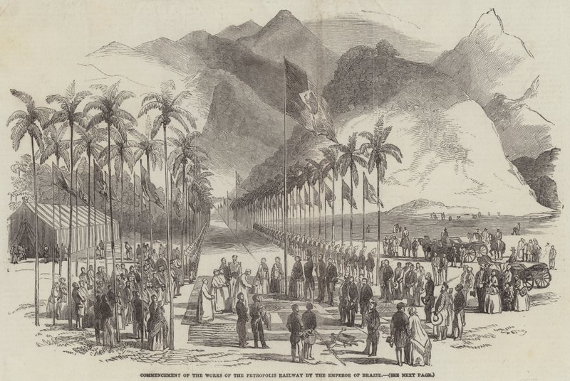Begynnelsen av verkene til Petropolis Railway av keiseren av Brasil (gravering) av English School
