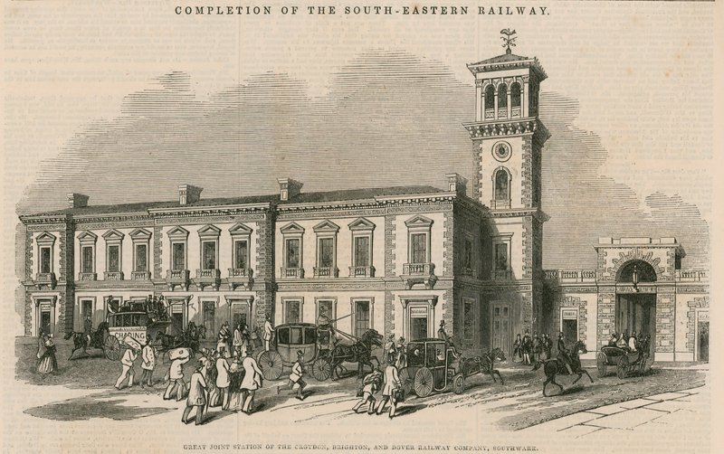 Fullføring av South-Eastern Railway: Flott fellesstasjon for Croydon, Brighton og Dover Railway Company, Southwark, London av English School