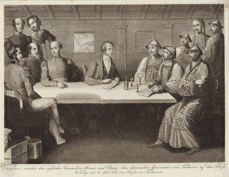 Konferanse på Chusan mellom Commodore Bremer og en kinesisk tjenestemann på HMS Wellesley 4. juli 1841 av English School