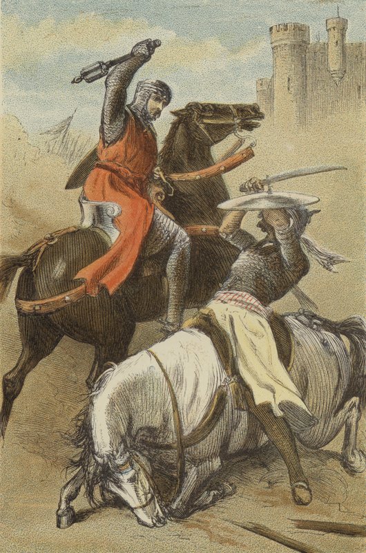Konflikt mellom Godfrey de Bouillon og Saracen, ved Antiokia (farget gravering) av English School