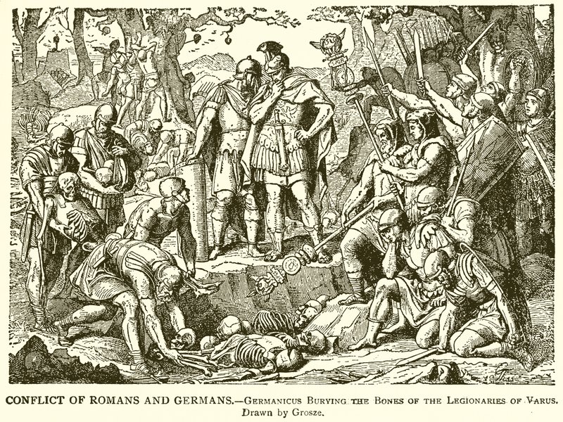 Konflikt mellom romere og tyskere.--Germanicus begraver beinene til legionærene til Varus av English School