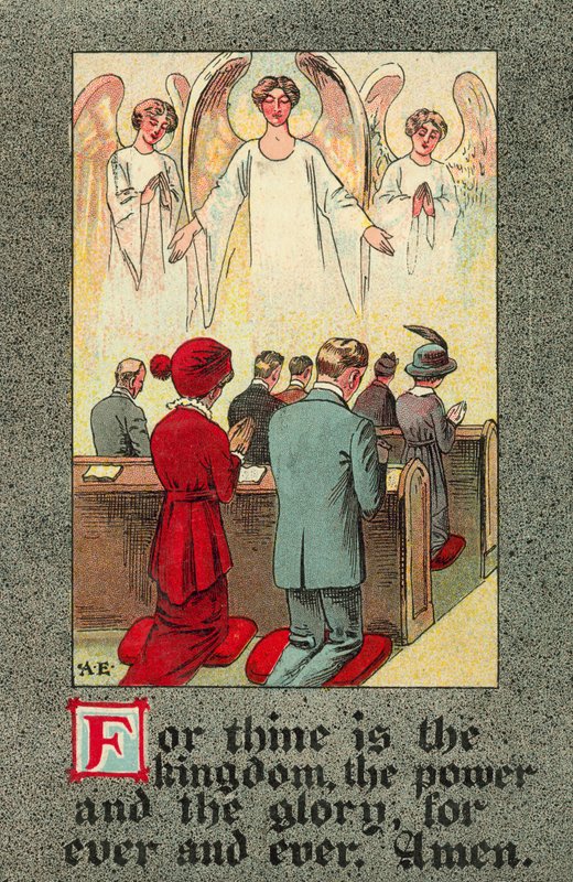 Menighet som resiterer Herrens bønn (farge litho) av English School