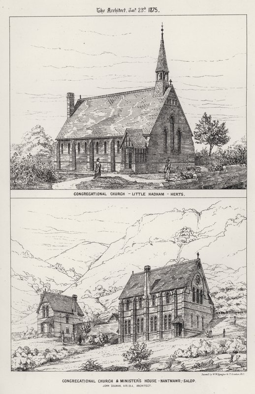 Congregational Church, Little Hadham, Herts; Kongregasjonskirken og ministerhuset, Nantmawr, Salop (gravering) av English School