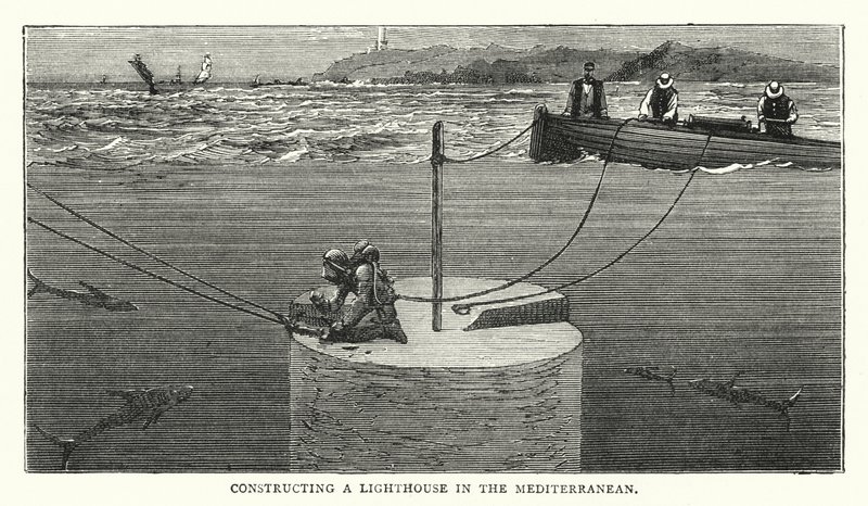 Konstruere et fyrtårn i Middelhavet (farget gravering) av English School