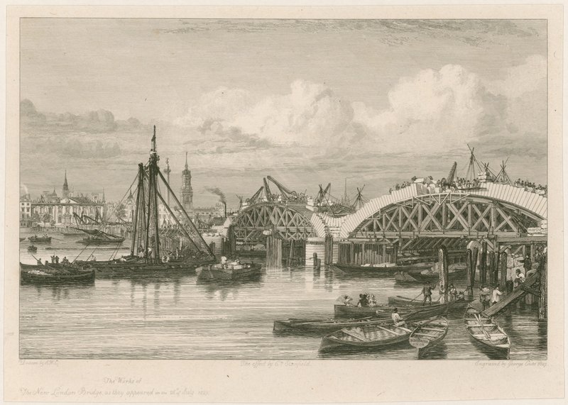 Bygging av den nye London Bridge, 26. juli 1827 av English School
