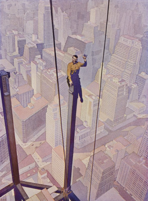 Bygningsarbeider på stålrammen til en skyskraper høyt over gatene i New York City, New York, USA (farge litho) av English School