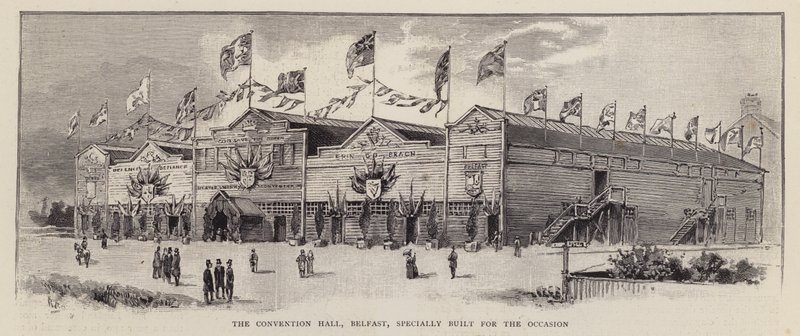 Convention Hall, Belfast, bygget for Ulster Unionist Convention fra 1892, holdt for å demonstrere motstanden til Ulster Unionists mot irsk hjemmestyre (litho) av English School