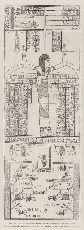 Kopi av gammel egyptisk papyrus i museet i Boulak, Kairo, med symbolske representasjoner av vannet i Nilen og innsjøen Moeris (gravering) av English School