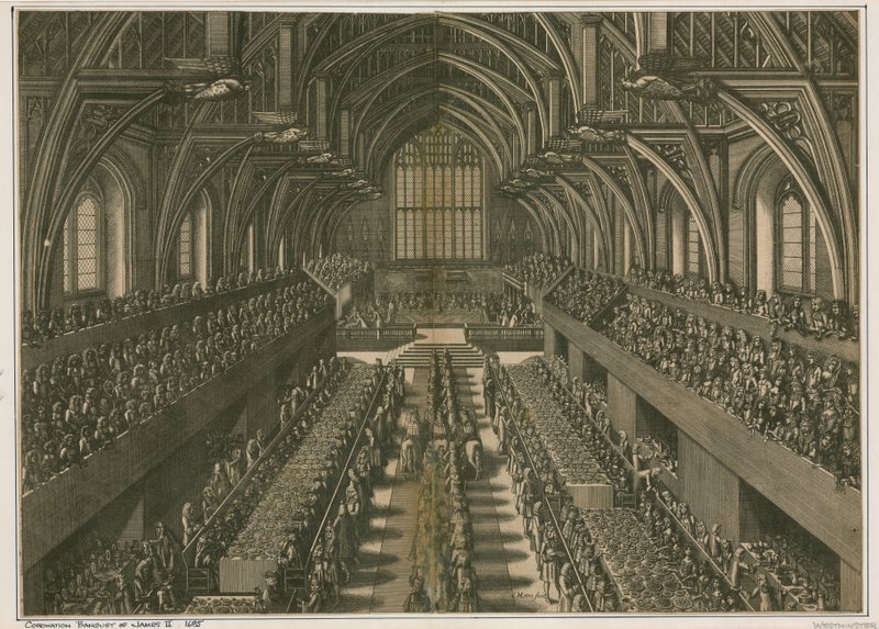 Kroningsbankett av James II, 1685, i Westminster Hall, London av English School