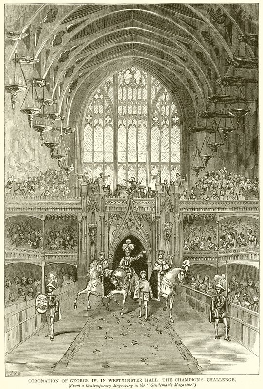 Kroningen av George IV. i Westminster Hall: The Champions Challenge av English School