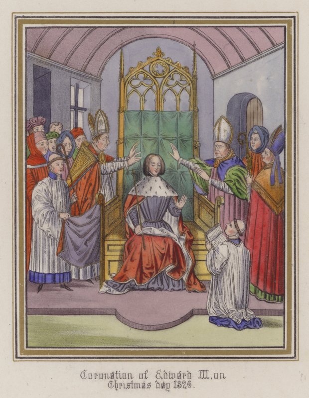 Kroningen av kong Edward III juledag 1326 (farget gravering) av English School