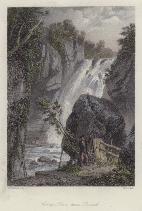 Corra Linn, nær Lanark, Skottland (farget gravering) av English School