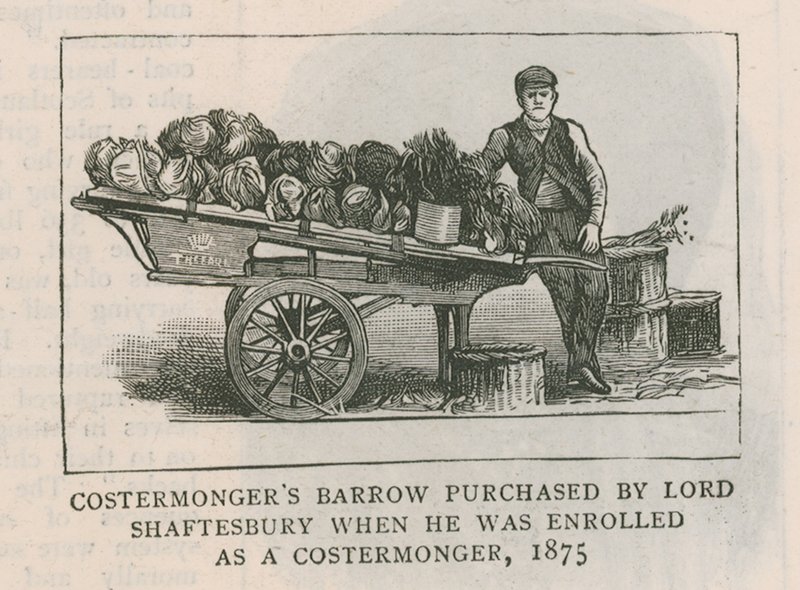 Costermongers barrow kjøpt av Lord Shaftesbury da han ble registrert som en costermonger, 1875 av English School