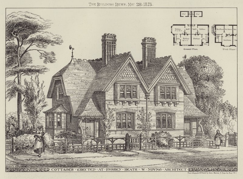 Hytter reist ved Bushey Heath (gravering) av English School