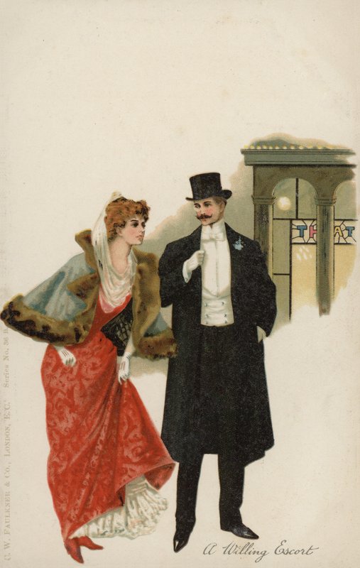Par i kveldskjole (farge litho) av English School