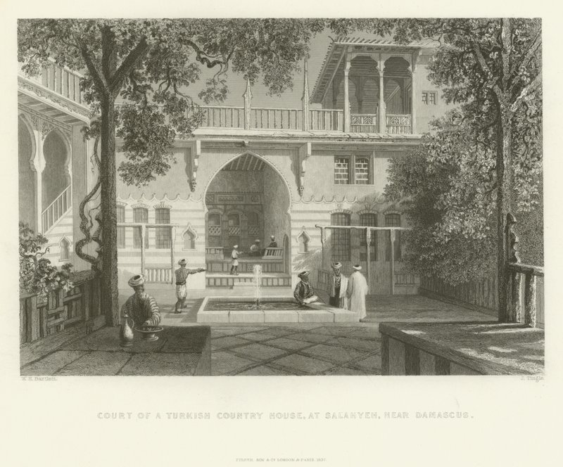 Retten til et tyrkisk landsted, Salahyeh, nær Damaskus, 1837 av English School