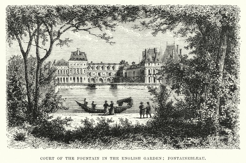 Court of the Fountain in the English Garden, Fontainebleau (gravering) av English School