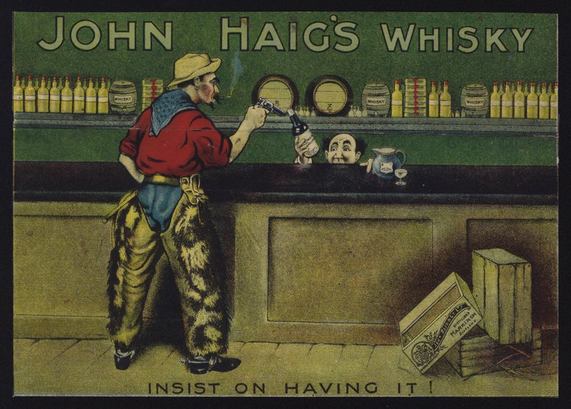 Cowboy i en salong, reklame for John Haigs whisky av English School