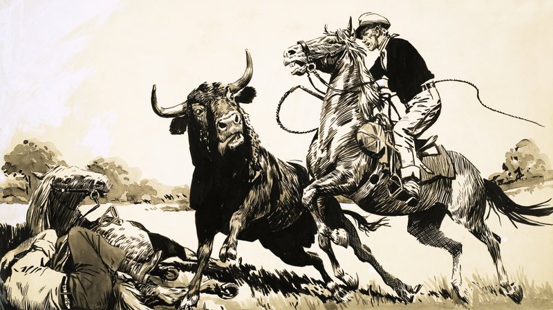 Cowboyer i den australske utmarken prøver å tau en okse av English School