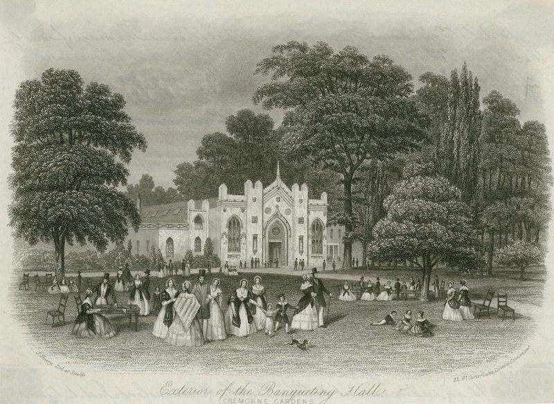 Cremorne Gardens, London: utsiden av banketthallen av English School