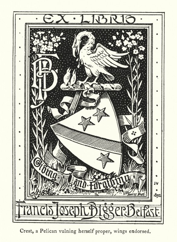 Crest, en pelikan som selv vulner seg, vingene påskrevet (gravering) av English School