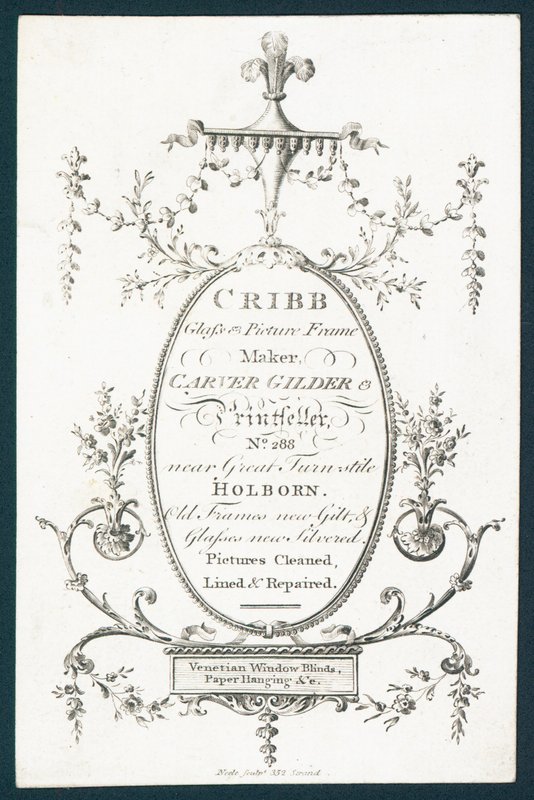 Cribb, glass og bilderamme maker, trade card av English School