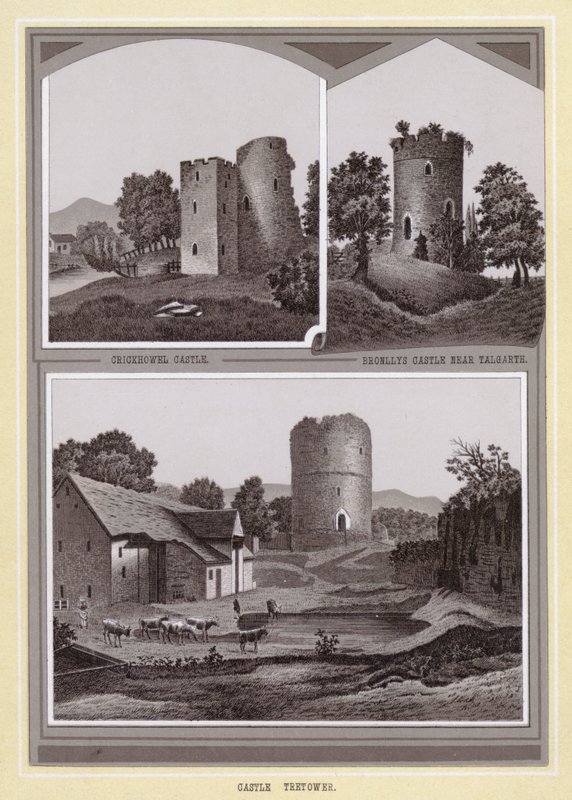 Crickhowel Castle; Bronllys Castle nær Talgarth; Castle Tretower (litho) av English School
