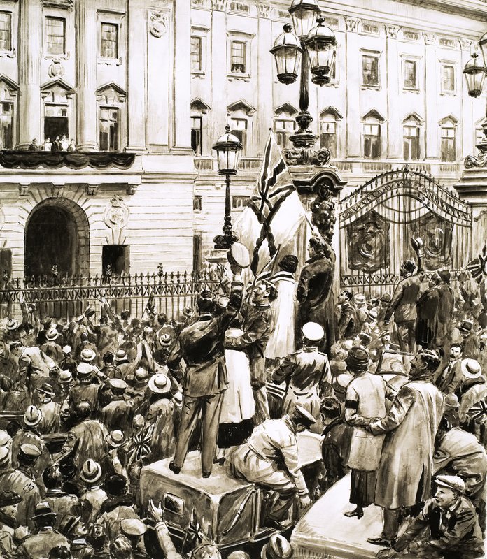Folkemengder utenfor Buckingham Palace heier kong George V på våpenhviledagen av English School