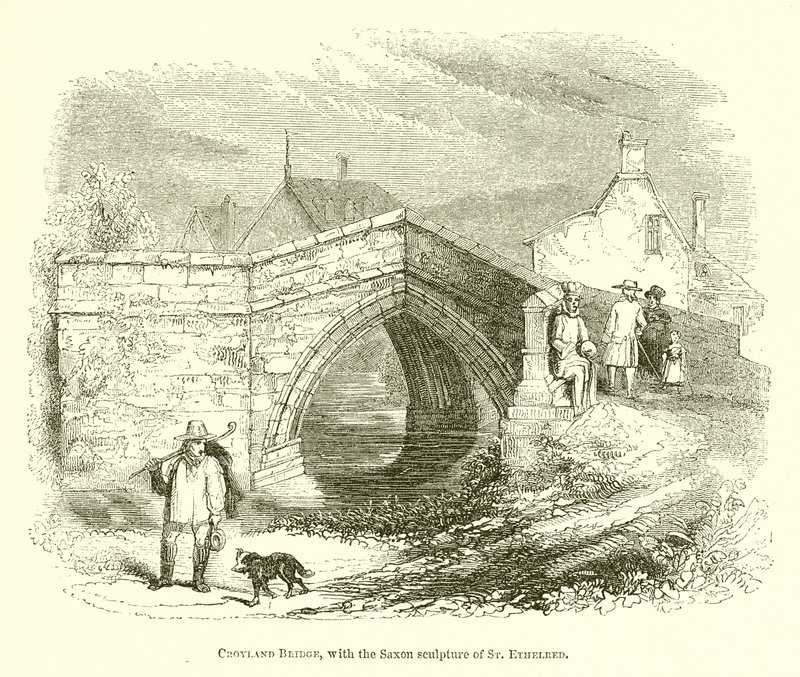 Croyland Bridge, med den saksiske skulpturen til St. Ethelred (gravering) av English School