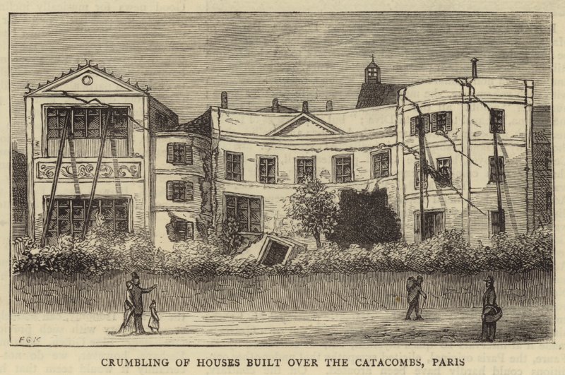 Smuldre av hus bygget over katakombene, Paris (gravering) av English School