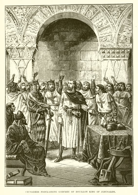 Korsfarere som utroper Godfrey av Bouillon til konge av Jerusalem av English School