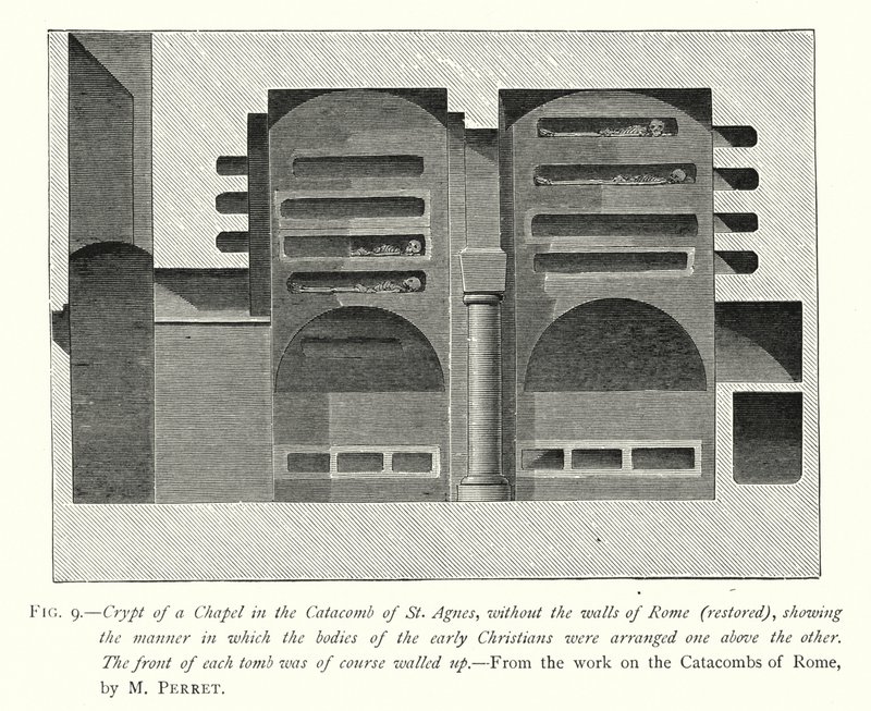 Krypten av et kapell i Catacomb of St Agnes, uten Romas murer (restaurert), som viser måten de tidlige kristnes kropper ble arrangert over hverandre (gravering) av English School