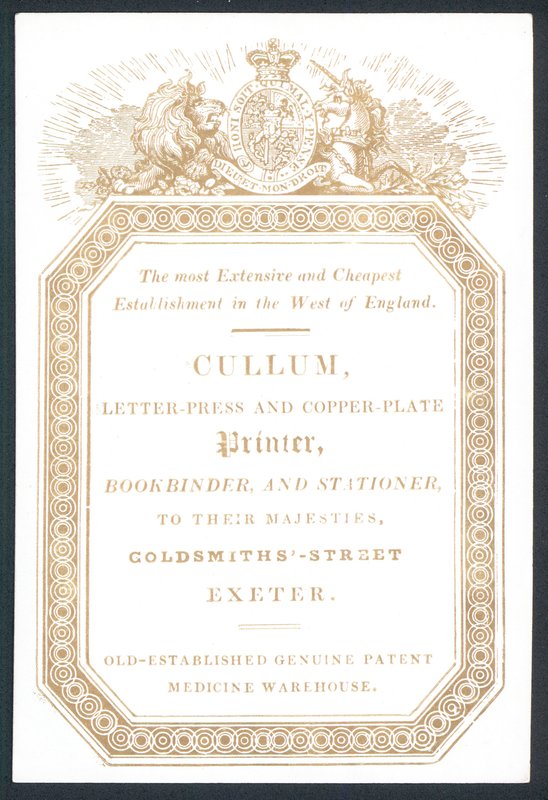 Cullum, Letter-Press og Copper-Plate Printer, handelskort av English School