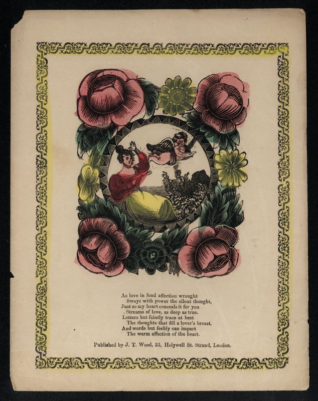 Amor og kvinne i en hage omgitt av blomster, kjærlighetsdikt (farget gravering) av English School