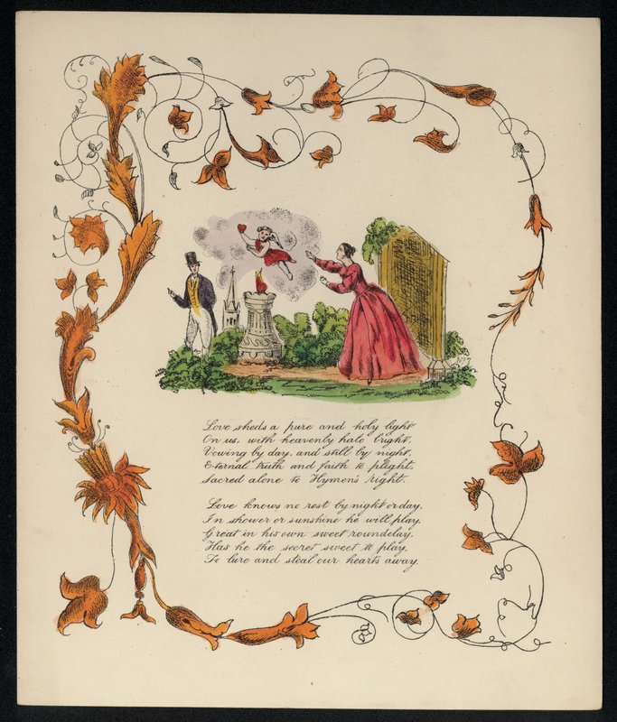 Amor som stjeler en kvinnes hjerte for å gi det til en mann, kjærlighetsdikt (farge litho) av English School