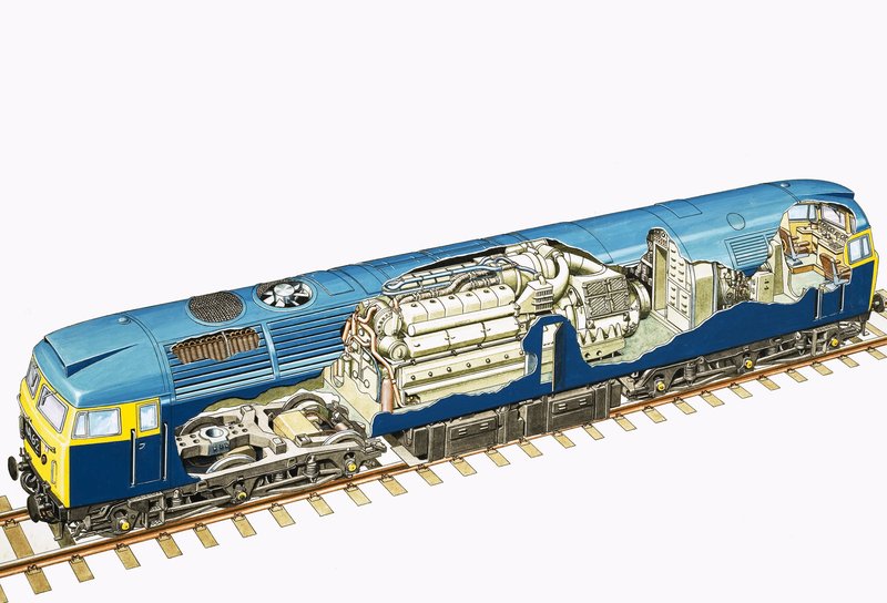 Utskåret tegning av et britisk Raul Class 47 Brush 2750 hk dieselelektrisk lokomotiv av English School
