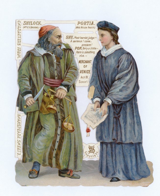 Utklipp av Shylock og Portia fra The Merchant of Venice av English School