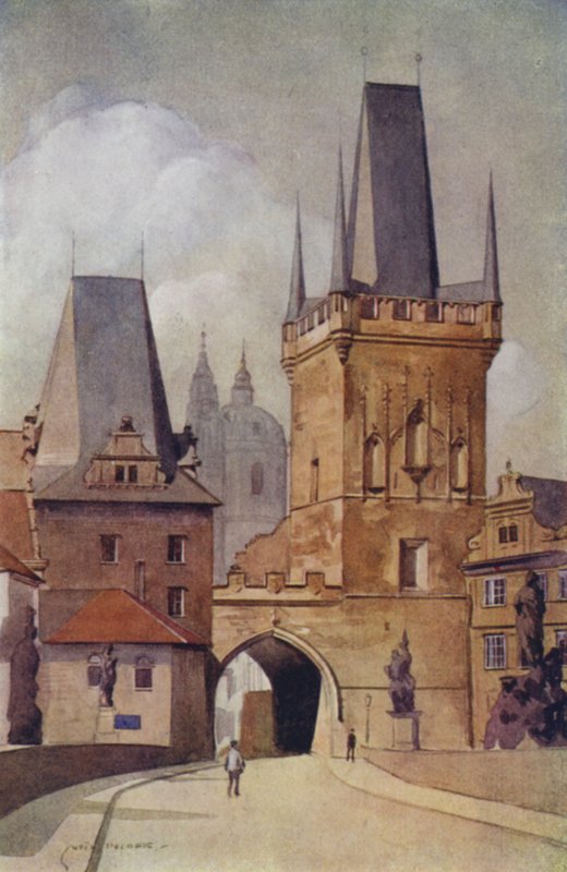 Tsjekkoslovakia: Praha, Karlsbroen (farge litho) av English School