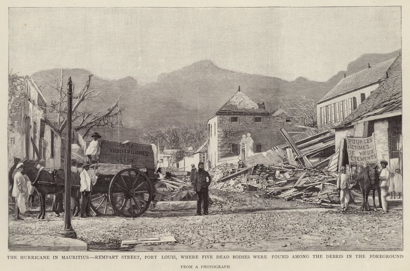 Mauritius-syklonen fra 1892 forårsaket skade på Rempart Street, Port Louis. av English School