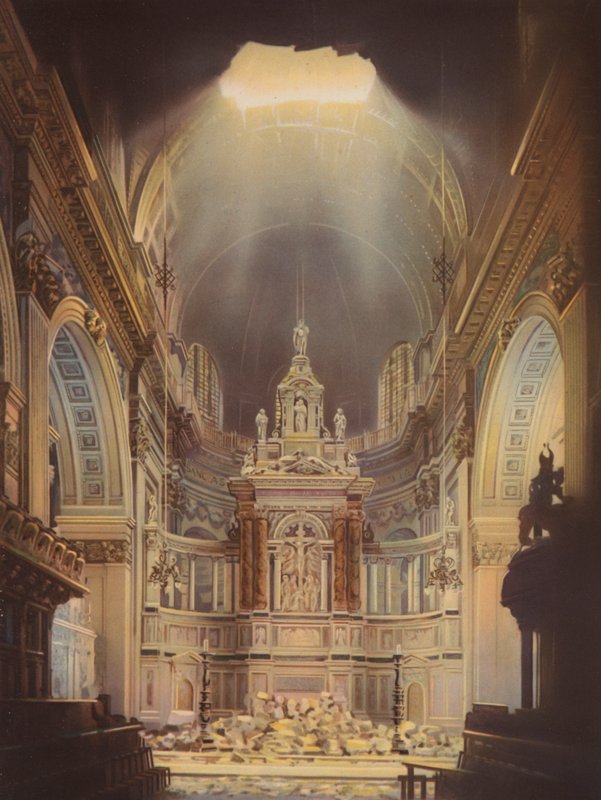 Skader på det indre av St Paul's Cathedral forårsaket av et tysk luftangrep under Blitz, London, andre verdenskrig av English School